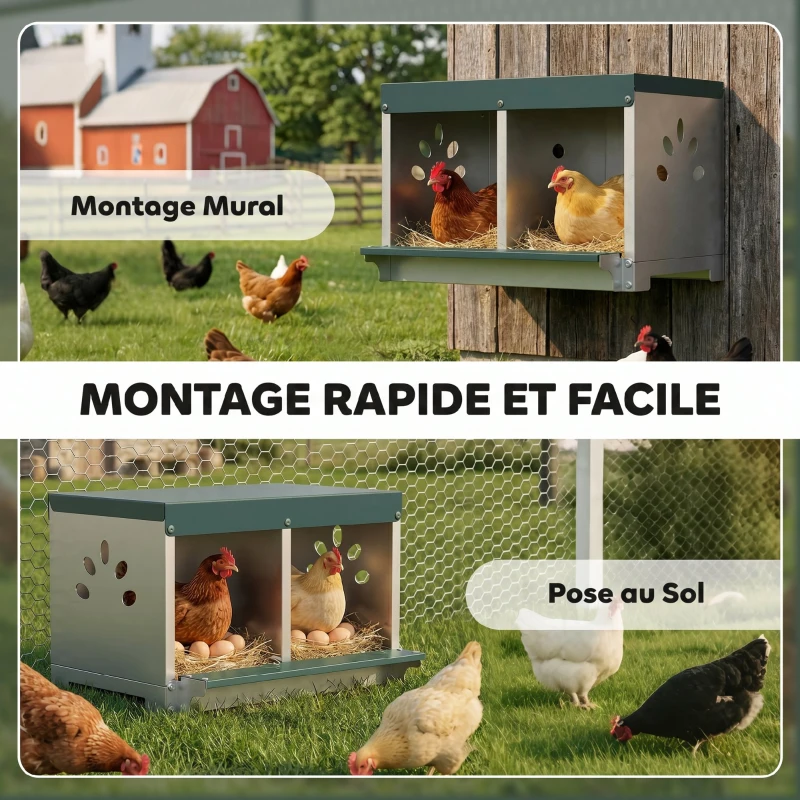 PawHut Pondoir à Poules 2 Emplacements, Imperméable, Trous d'Aération, Facile à Nettoyer, 54,5x42,5x35,5cm, Acier, Argent