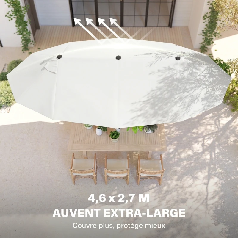 Outsunny Parasol de Jardin Exterieur 4,6 x 2,7 m, Grand Parasol Double Rectangulaire avec Manivelle, Polyester 180 g/m², Crème