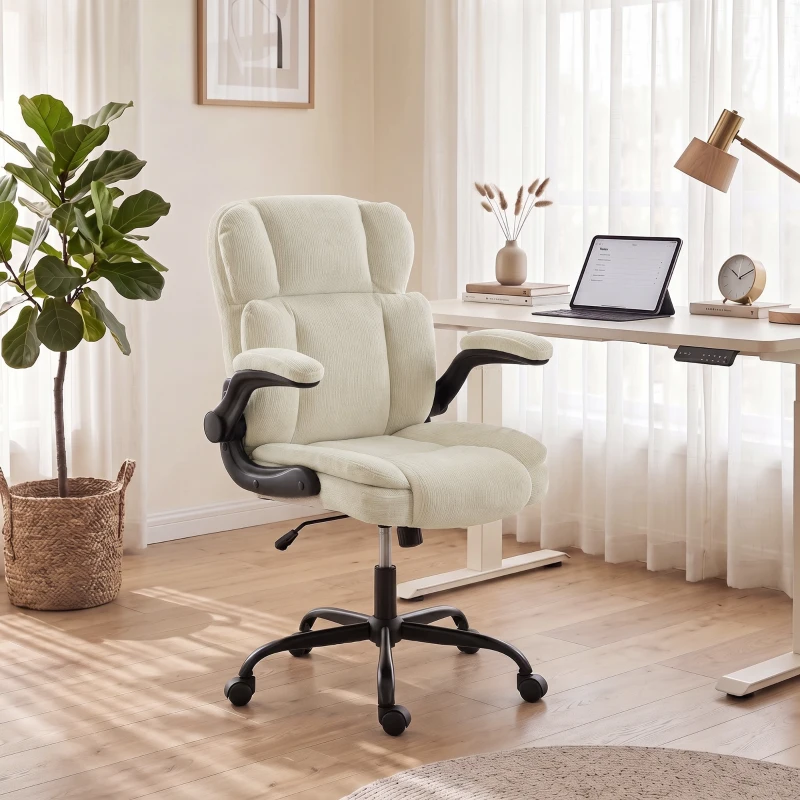 HOMCOM Scaun de Birou Ergonomic din Chenilă, Funcție Balans, Brațe Rabatabile, Înălțime Reglabilă, 70x67x108cm, Bej