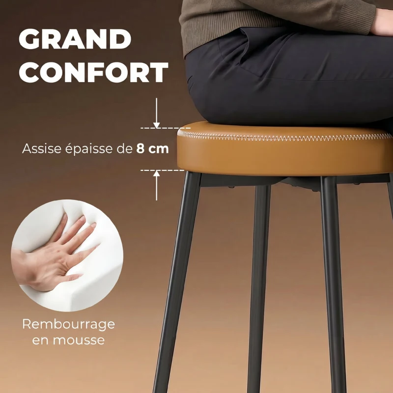 HOMCOM Lot de 2 chaises de salle à manger rondes, chaises de cuisine empilables avec assise rembourrée en PU, marron et noir