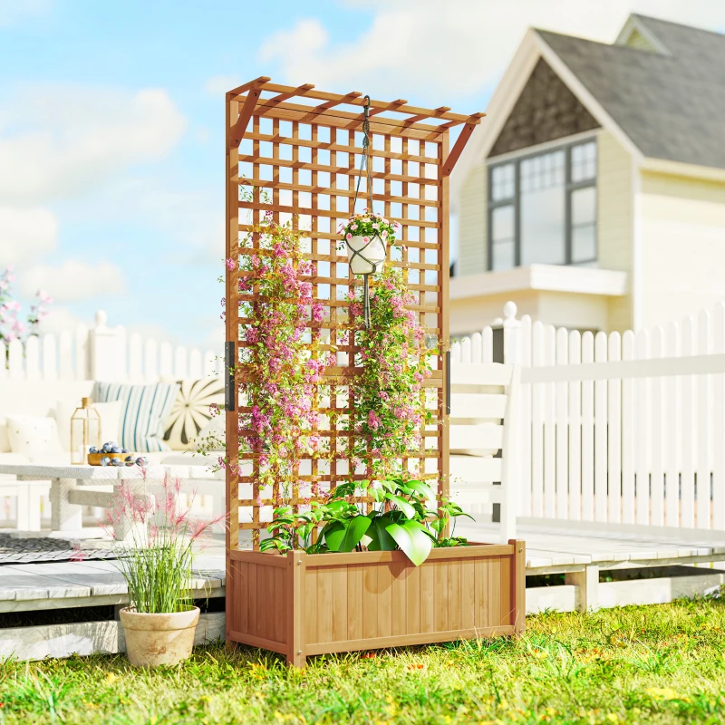 Outsunny Hochbeet mit Spalier und Dach, Pflanzkasten, Blumenbeet, wetterfest, Holz, 90 x 45 x 183 cm, Braun