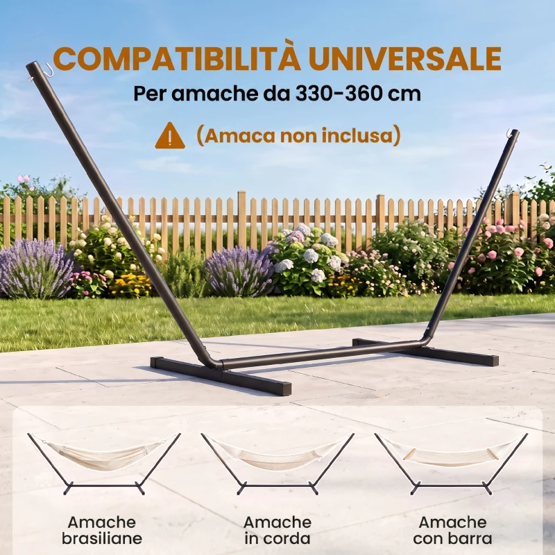 Outsunny Supporto per Amaca 330-360 cm in Metallo con Bordi in Gomma, 360x92x112 cm, Nero