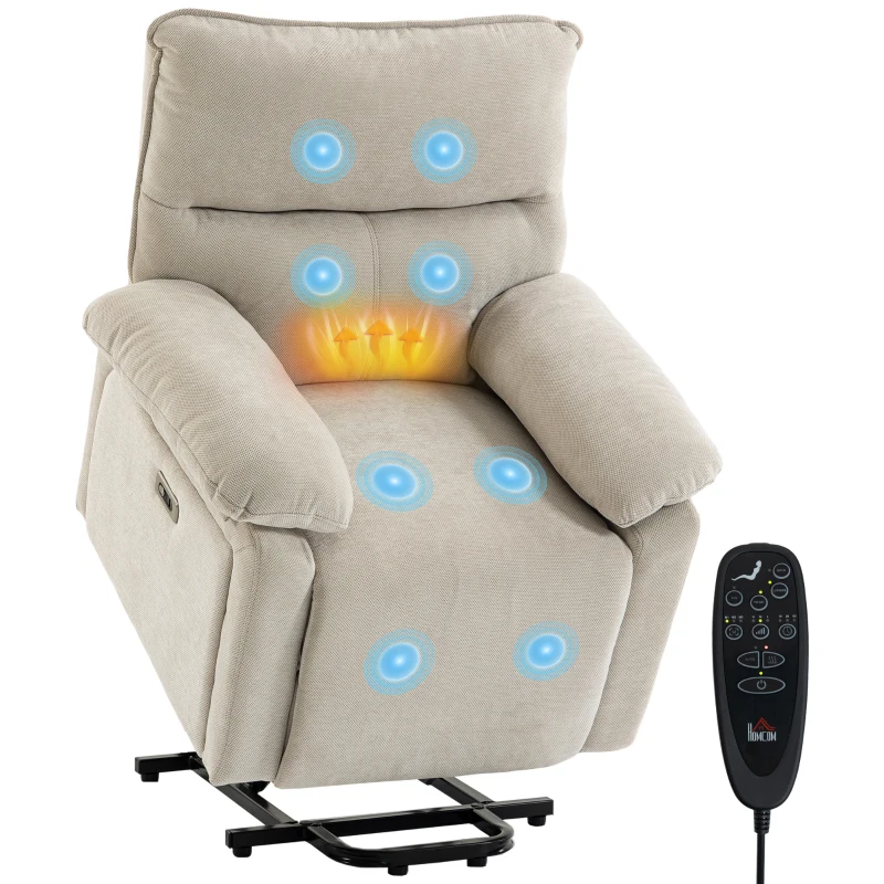 HOMCOM Elektrischer Aufstehsessel mit Massage & Wärme, Relaxsessel aus Chenille mit hochdichtem Schaumstoff und dicker Rückenlehne, Cremeweiß