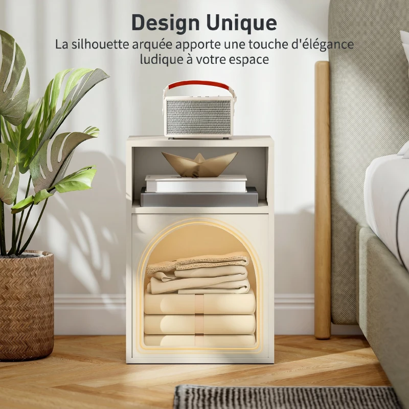 HOMCOM Lot de 2 tables de chevet, table de nuit avec compartiments ouverts, design arqué, 40 x 30 x 60 cm, crème