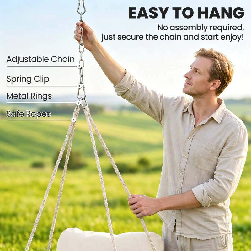 Outsunny Hanging Chair Outdoor Hammock Chair with Soft Cushion, Cotton Rope Boho Style Swing Chair, Hanging Garden Swing Seat for Indoor Outdoor, Cream White