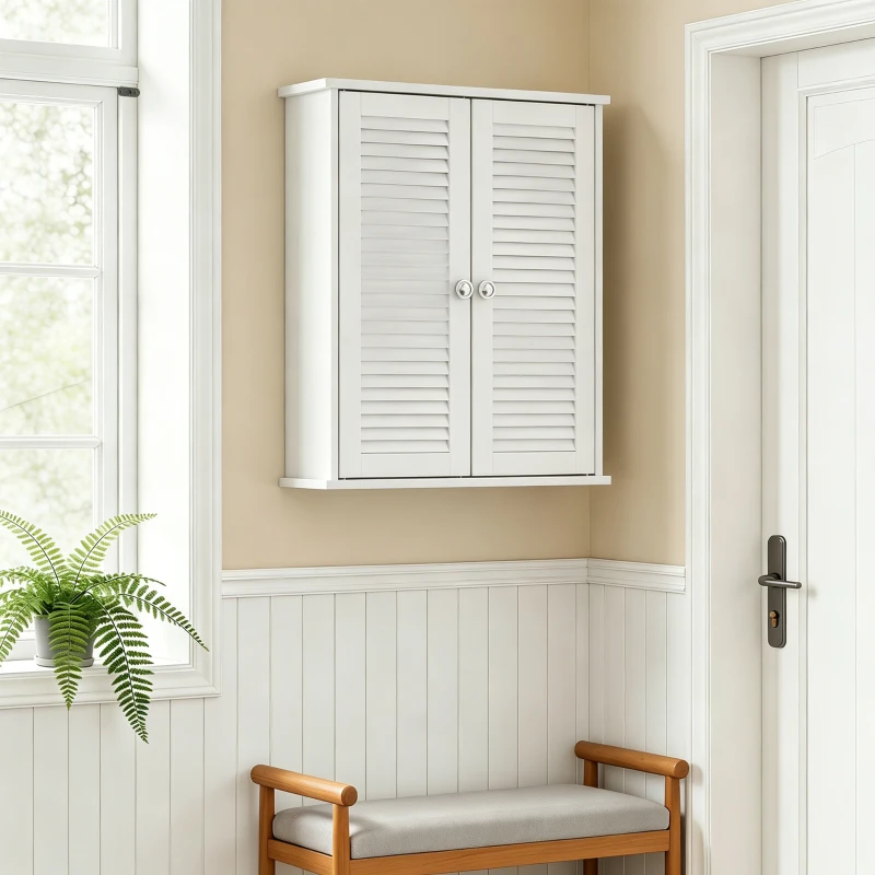 HOMCOM Bathroom Cabinet, Bathroom Wall Cabinet with Louvered Doors and Adjustable Shelf Storage for Kitchen, White