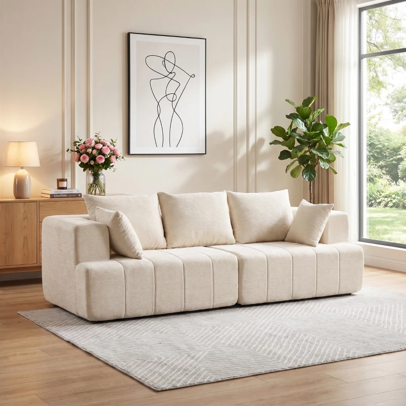 HOMCOM Sofá 3 Plazas en Chenilla 248 cm Sofá Moderno de Salón Asiento Amplio Acolchado Cojines con Muelles Beige
