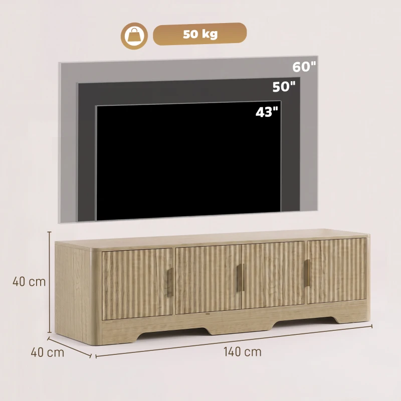 HOMCOM TV-Lowboard 152 cm, TV-Möbel für Fernseher bis 152,4 cm, 4 gerillte Türen und verstellbare Einlegeböden, Eiche
