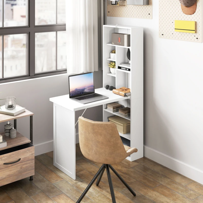 HOMCOM Bureau d'ordinateur pliable avec bibliothèque, poste de travail, tableau blanc et étagère réglable, 98x51x153cm, blanc