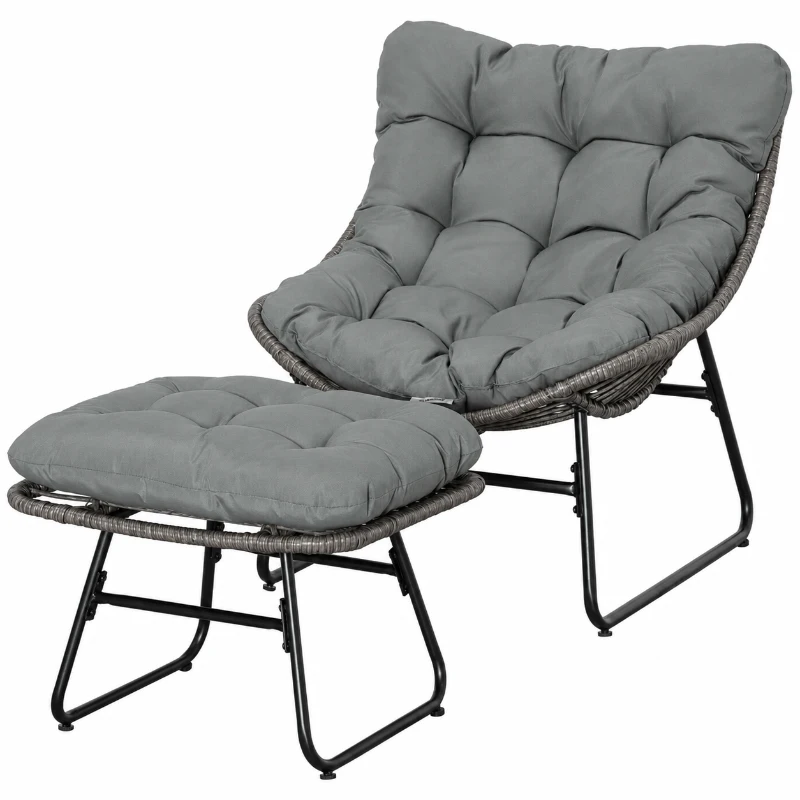 Outsunny Rattan Relaxsessel mit Fußhocker, Gartensessel mit dicke Kissen Outdoor Rattanstuhl Gartenstuhl für Garten, Balkon, Terrasse Grau