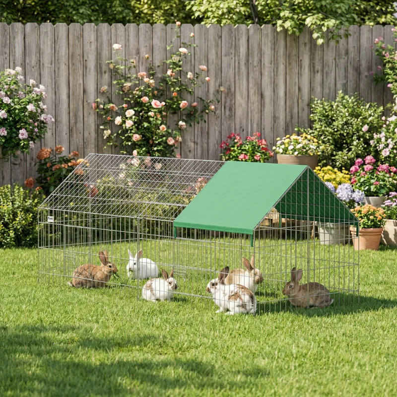 PawHut Parc Enclos Cage Lapin Extérieur avec Portes Verrouillables et Protection Pare-Soleil Toit, Acier, 180x75x75 cm, Vert
