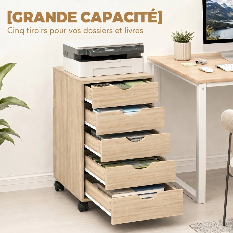 HOMCOM Caisson bureau mobile, meuble rangement sur roulettes avec 5 tiroirs, bois, 40 x 40 x 67 cm, chêne