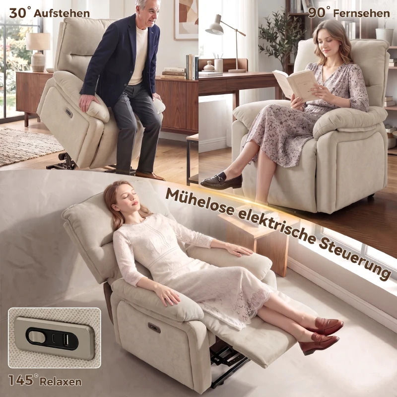 HOMCOM Elektrischer Aufstehsessel mit Massage & Wärme, Relaxsessel aus Chenille mit hochdichtem Schaumstoff und dicker Rückenlehne, Cremeweiß