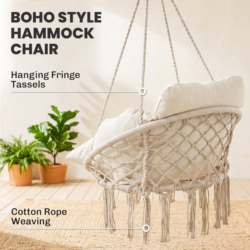 Outsunny Hanging Chair Outdoor Hammock Chair with Soft Cushion, Cotton Rope Boho Style Swing Chair, Hanging Garden Swing Seat for Indoor Outdoor, Cream White