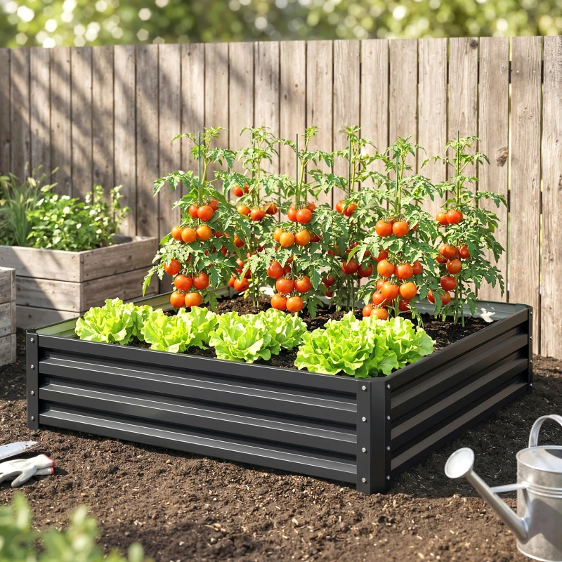 Outsunny Carré potager de jardin acier galvanisée 120 x 120 x 30 cm gris
