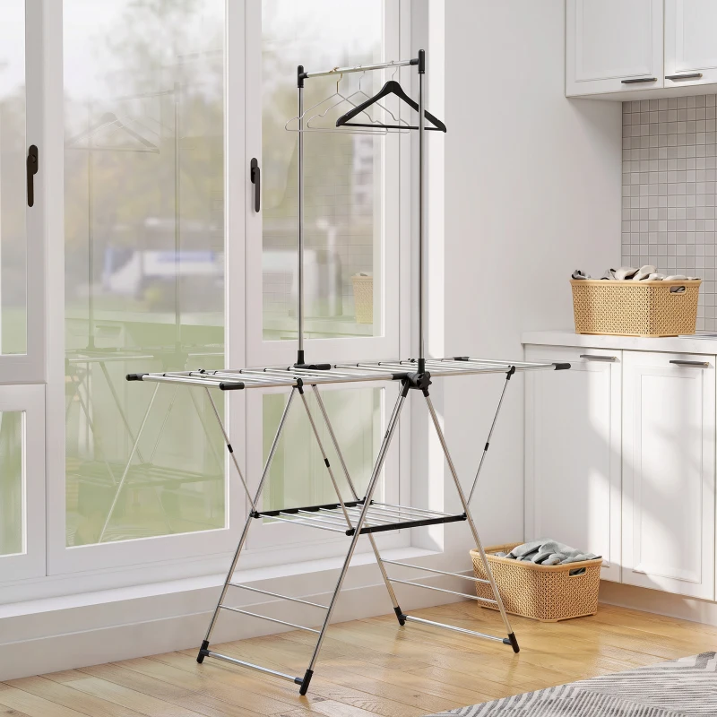 HOMCOM Séchoir à linge étendoir pliable, ailes réglables 5 niveaux, 4 supports à chaussures, acier inoxydable, argenté