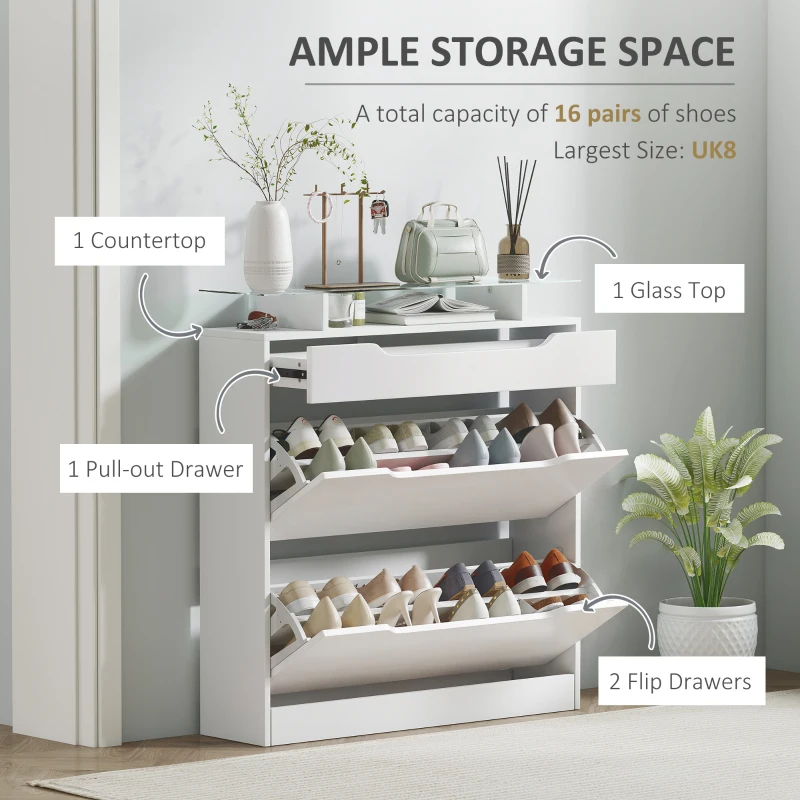 HOMCOM Armoire à Chaussures avec 2 Tiroirs Rabattables + 1 Tiroir Coulissant + 1 Comptoir et 1 Plateau en Verre blanc