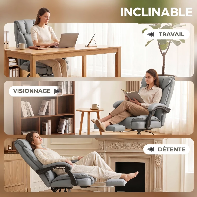 HOMCOM Chaise de bureau ergonomique, fauteuil de bureau inclinable avec repose-pieds, hauteur réglable, pivotante 360°, gris