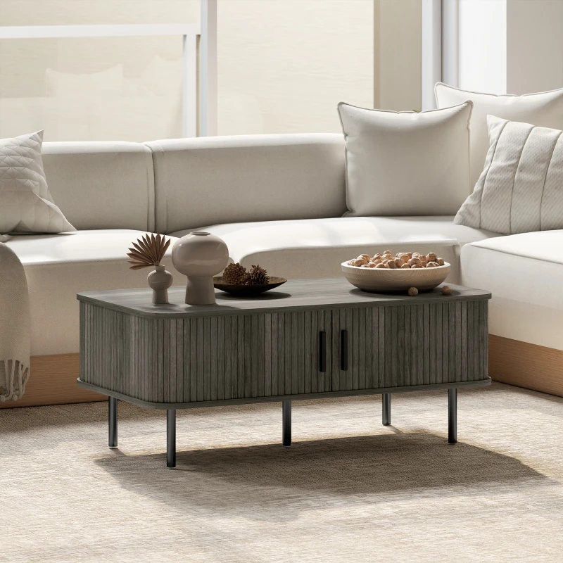HOMCOM Coffee Table with Storage, Living Room Table with Slatted Tambour Sliding Doors and Adjustable Foot Pads, Rectangular Coffee Table with Elevated Base for Living Room, Grey Wood-Effect