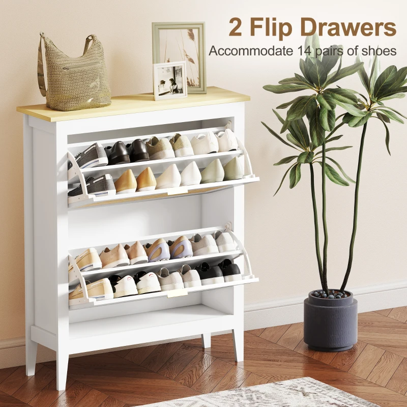 HOMCOM Narrow Shoe Cabinet, Boho Slim Shoe Storage Cabinet with 2 Flip Drawers, Holds 14 Pairs, White
