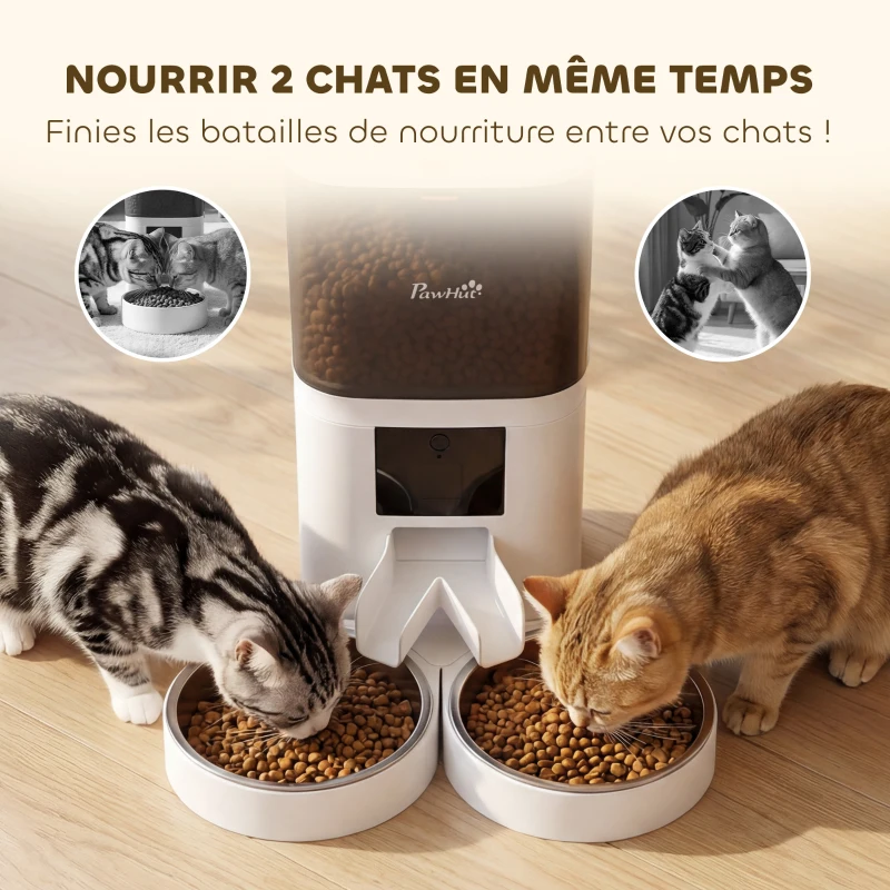 PawHut Distributeur Croquettes Chat Automatique 2 Animaux 6L Double Bol Inox WiFi Tuya App ABS 37x36x35cm Blanc