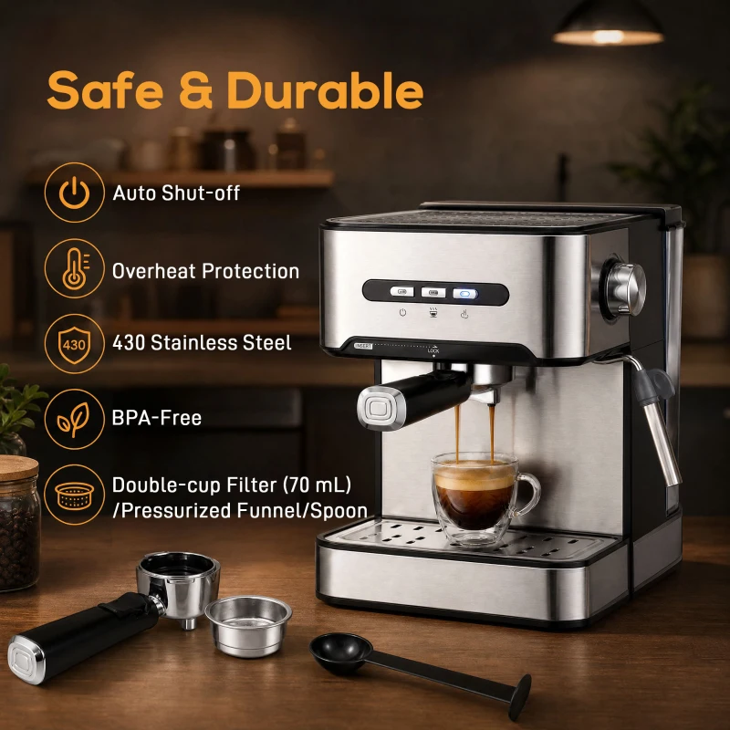HOMCOM Espresso Machine, 20-Bar Semi Automatic Cappuccino Coffee Maker with Frother Wand, 1.6 L Water Tank, Black and Silver