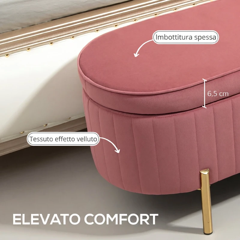 HOMCOM Panca contenitore ovale in velluto con coperchio, 72 L, 108x44x43,5 cm, rosa
