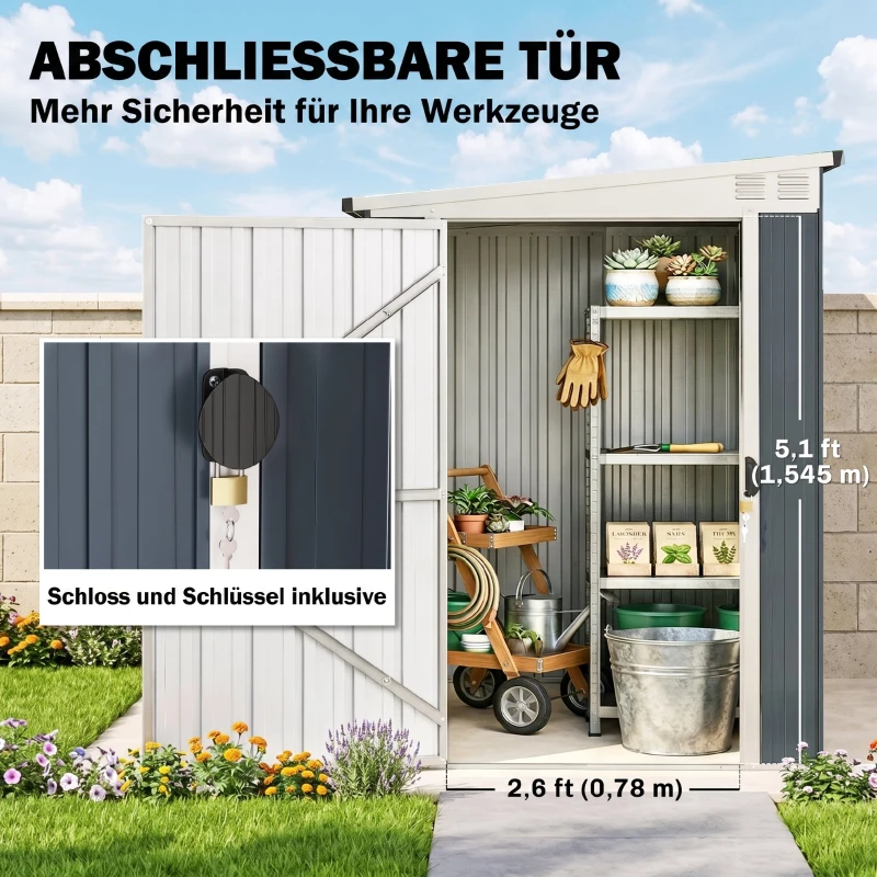Outsunny Gartenlagerschuppen, Werkzeugschuppen für Gartengeräte, Fenster, Lüftungsöffnungen, abschließbar, Stahl, Dunkelgrau(m-6)