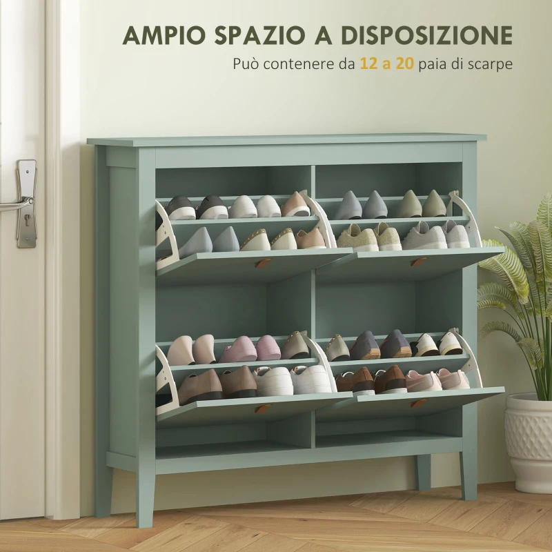 HOMCOM Scarpiera Slim 4 Cassetti per 20 Paia di Scarpe Taglia EU44 e Ripiani Regolabili, 105x24x95.5cm, Verde