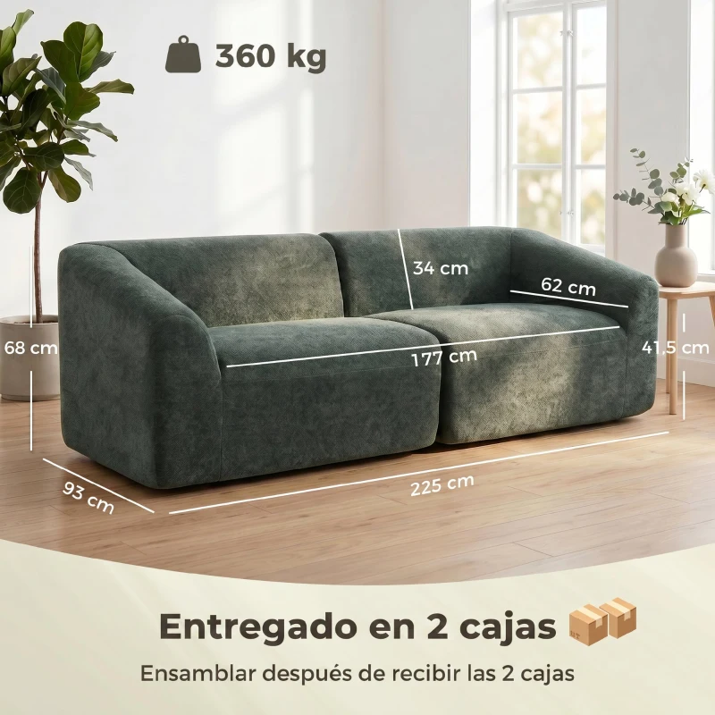 HOMCOM Sofá 3 Plazas en Chenilla 225 cm Sofá de Salón Acolchado Moderno con Asiento Ancho Cojín con Muelles Verde Oscuro