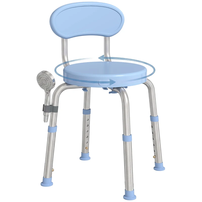 HOMCOM Tabouret de Douche Ronde Pivotant 360°, Hauteur Réglable, Dossier, Pieds Antidérapants, 38,5x37,5x75cm, Bleu Clair
