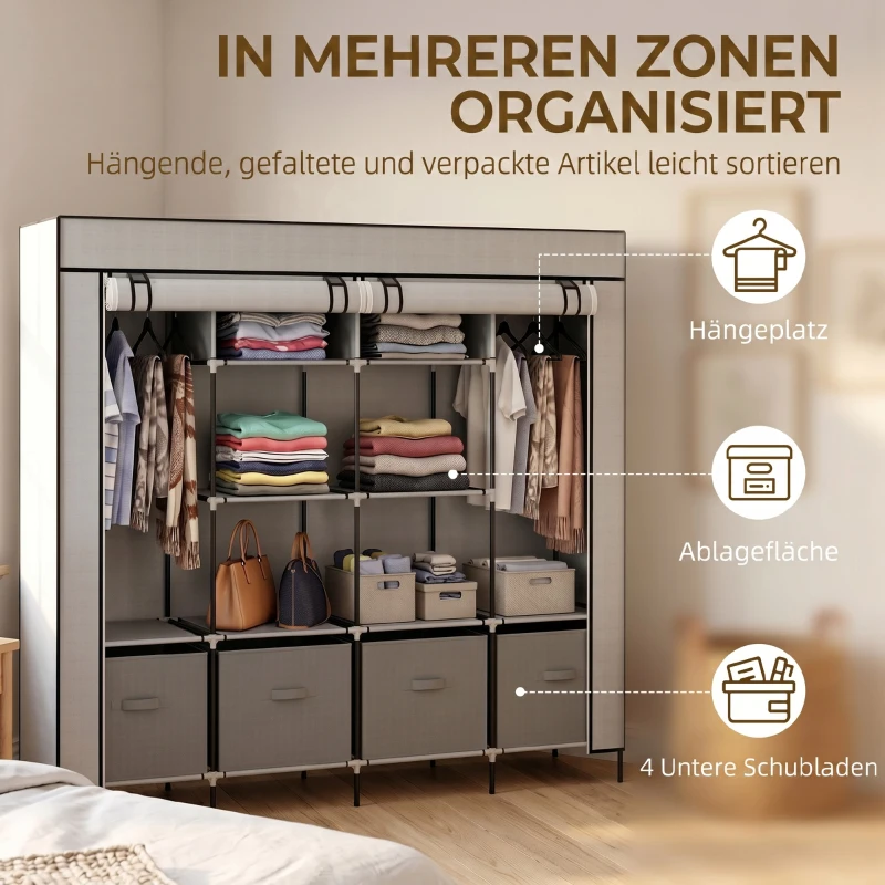 HOMCOM Kleiderschrank Stoffschrank, Türen, 2 Kleiderstangen, 10 Fächer, Grau(m-4)