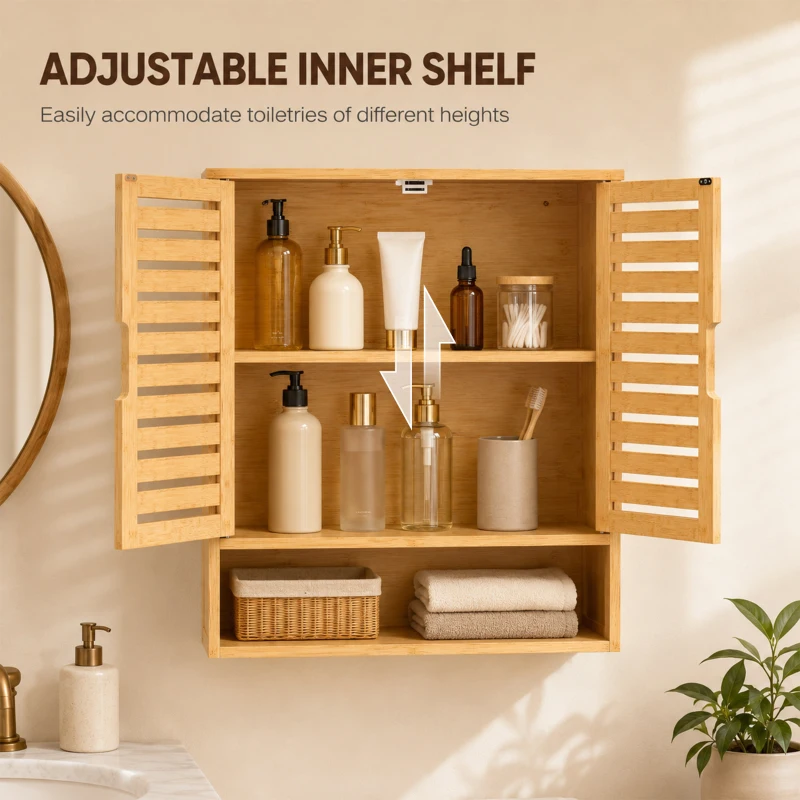 HOMCOM Bathroom Wall Cabinet, Wall Mounted Bathroom Cabinet with 2 Louvered Doors, Open Shelf and Adjustable Shelf Storage