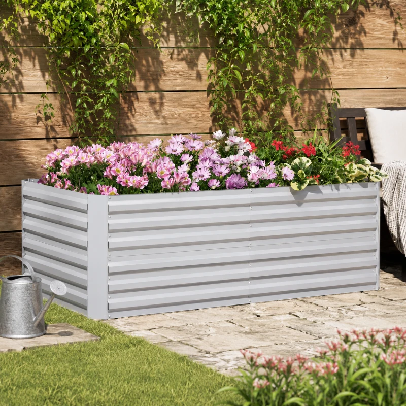 Outsunny Raised Beds for Garden, Galvanised Steel Outdoor Planters with Multi-reinforced Rods, 180 x 90 x 59 cm, Light Grey