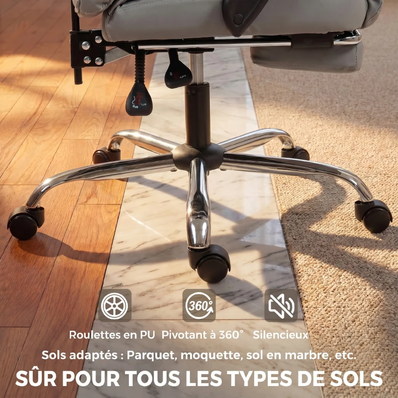 HOMCOM Chaise de bureau ergonomique, fauteuil de bureau inclinable avec repose-pieds, hauteur réglable, pivotante 360°, gris