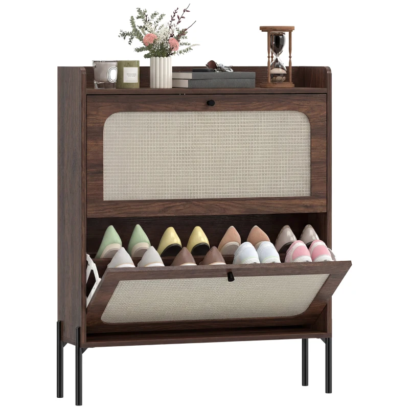 HOMCOM Shoe Cabinet with 2 Flip Drawers, Boho Narrow Shoe Storage Cabinet, Dark Brown