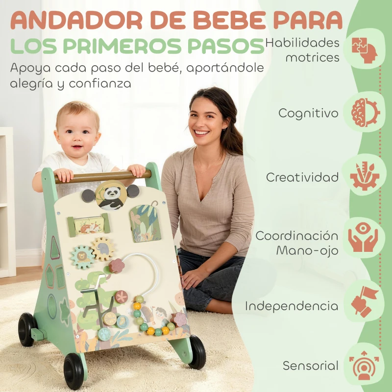 AIYAPLAY Andador Madera Bebé Control Velocidad Xilófono Engranajes Laberinto Cuentas Centro de Actividades Montessori Verde