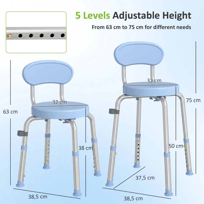 HOMCOM Tabouret de Douche Ronde Pivotant 360°, Hauteur Réglable, Dossier, Pieds Antidérapants, 38,5x37,5x75cm, Bleu Clair