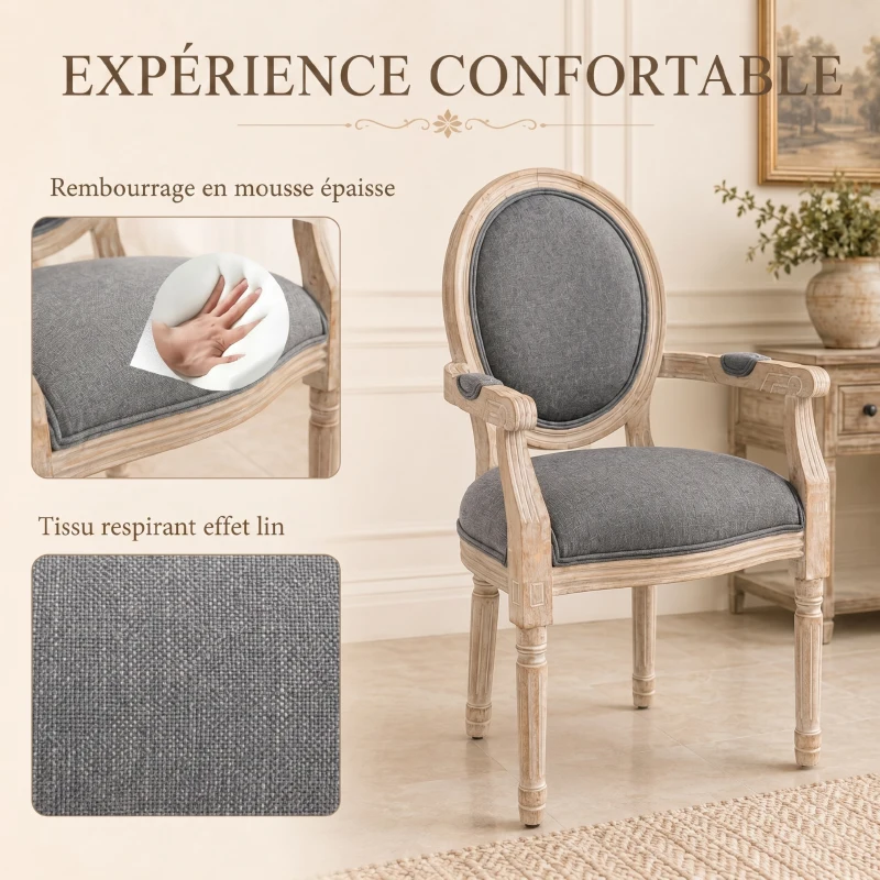 HOMCOM Chaise de Salle à Manger Chaise de Salon médaillon Style Louis XVI Bois Massif patiné sculpté Tissu Lin Gris