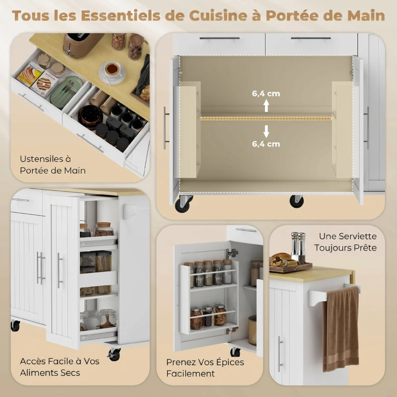 HOMCOM Îlot Central Cuisine avec Plateau Rabattable, Roulettes, 2 Tiroirs, Portes à Fermeture Douce, Porte-Serviettes, Blanc