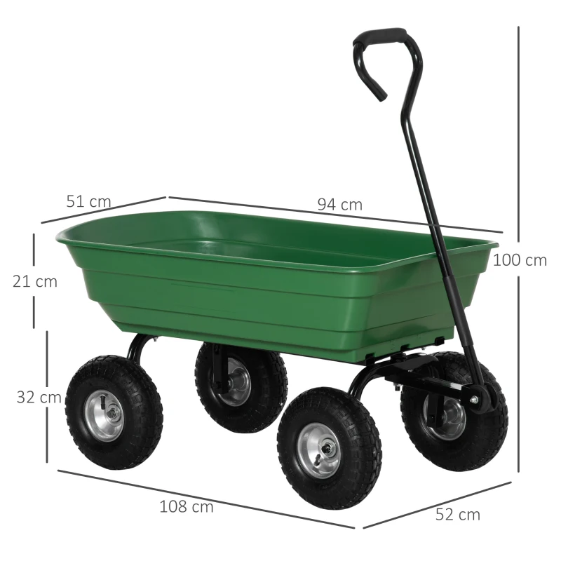 Outsunny Chariot de Jardin 100L Charge 250 kg, 4 Roues pneumatiques Remorque à Main pour Extérieur 108 x 52 x 100 cm Acier vert