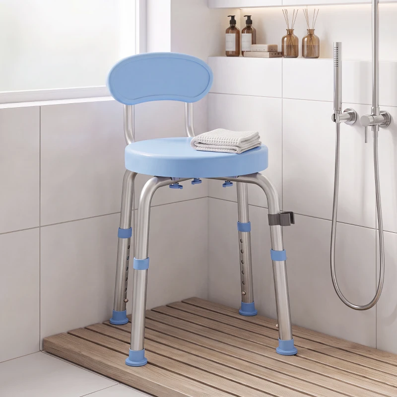 HOMCOM Tabouret de Douche Ronde Pivotant 360°, Hauteur Réglable, Dossier, Pieds Antidérapants, 38,5x37,5x75cm, Bleu Clair