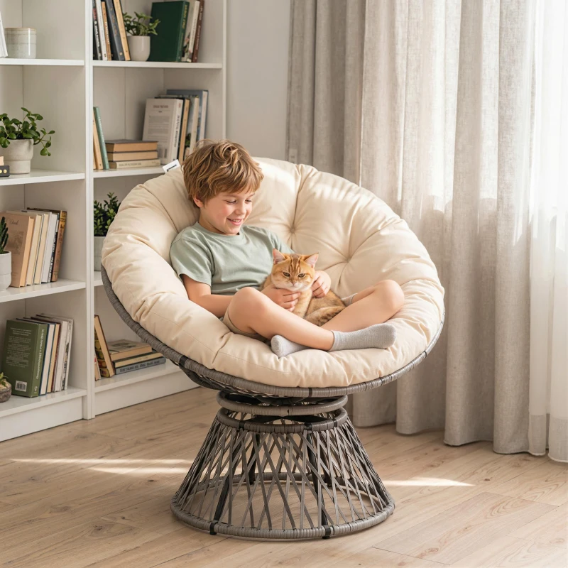 Outsunny 360° Swivel Rattan Moon Bowl Chair Round Lounge Garden Wicker Basket Seat with Padded Cushion Oversized for Outdoor Indoor, Beige