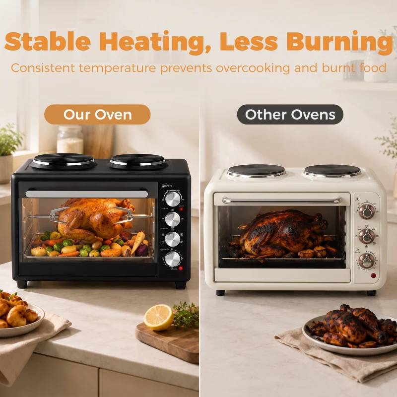 HOMCOM Mini-Four avec 2 Plaques de Cuisson et Broche Rotative 46L 2850 W, Four à Convection Multifonction, Minuterie, Noir