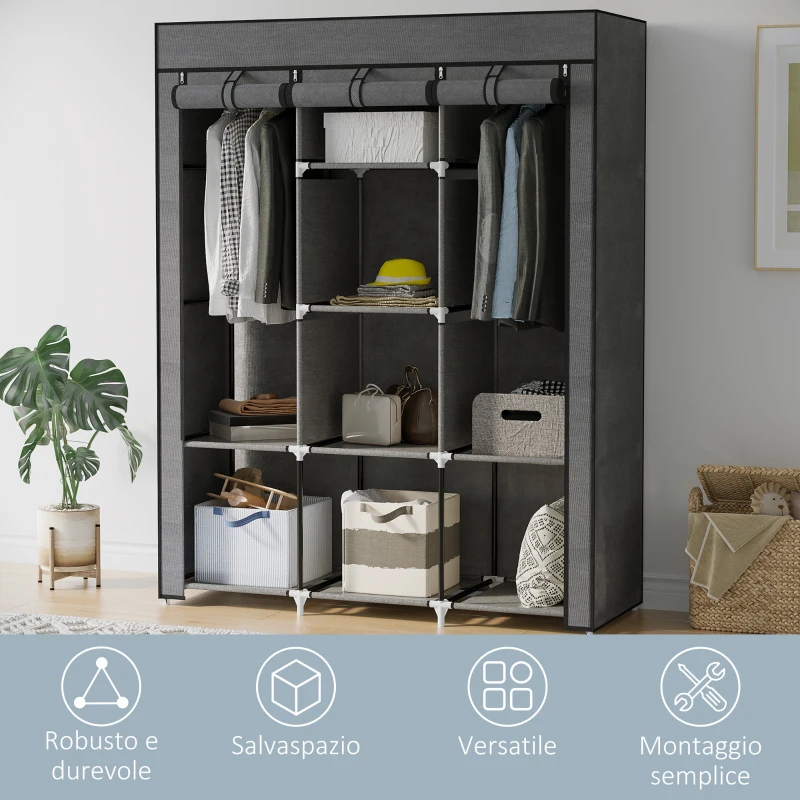 HOMCOM Guardaroba in Tessuto non Tessuto e Acciaio con 8 Ripiani e 2 Barre, 125x43x162.5 cm, Grigio Carbone