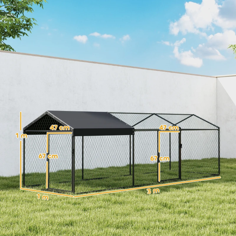 PawHut Enclos Poulailler Extérieur, Couverture Imperméable, 2 Portes Latérales, pour 3-5 Poules, 3x1x1m, Acier, Noir