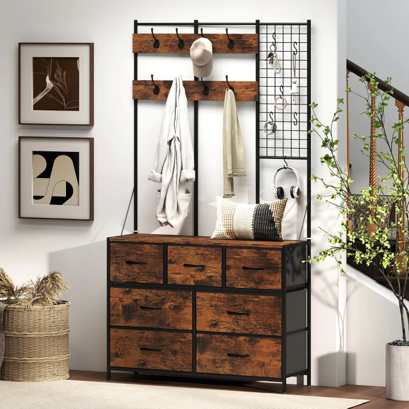 HOMCOM Garderobenständer, Kleiderständer mit Stoff-Schublade, 14 Haken für Flur, Schlafzimmer, Rustikal-Braun, Höhe 183 cm