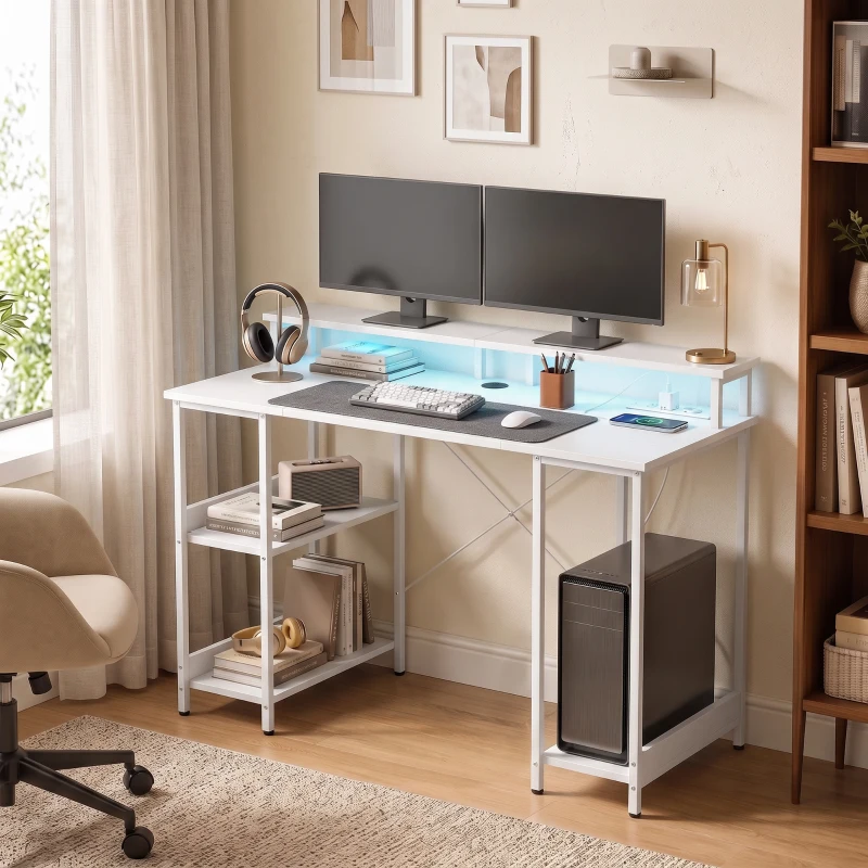 HOMCOM Escrivaninha para Computador Reversível Prateleiras, 120x50 cm, com Tomadas Elétricas e Luzes LED, Branco Efeito Madeira
