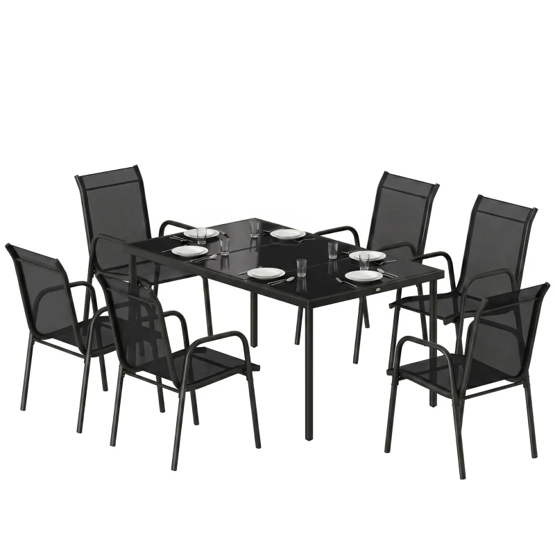 Outsunny Salon de Jardin 6 Personnes Ensemble Table et Chaises Jardin avec Chaises Empilables en Textilène 70x51x87cm Noir