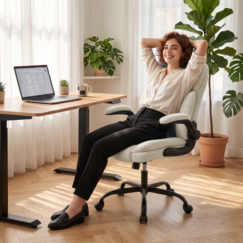 HOMCOM Scaun de Birou Ergonomic din Chenilă, Funcție Balans, Brațe Rabatabile, Înălțime Reglabilă, 70x67x108cm, Bej